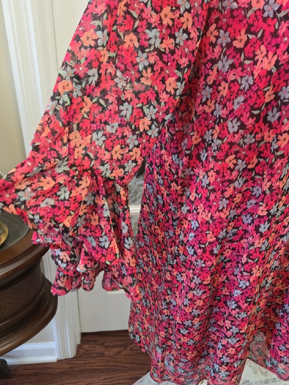 Calvin Klein Floral Red Pink Green Blue Dress Statement Sleeve Lined 16 EUC - Picture 3 of 8